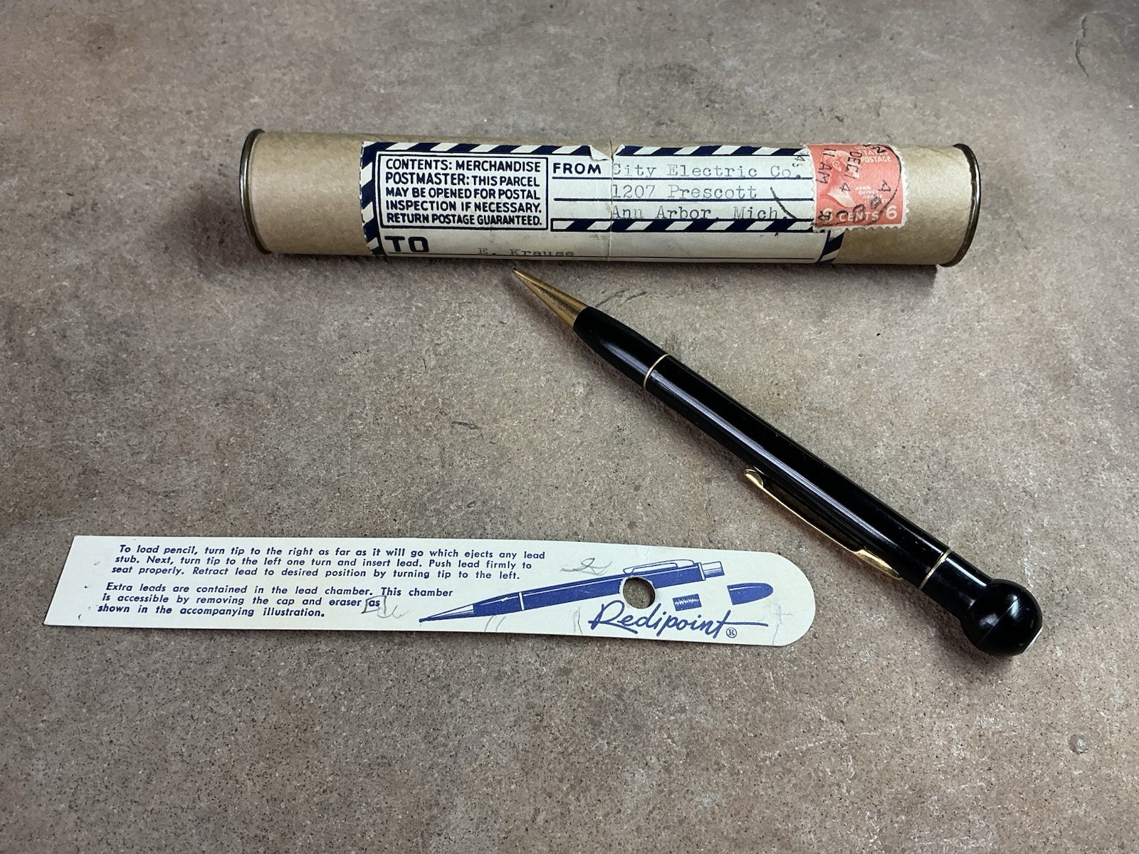 Vtg Ad Mechanical Pencil 8 Ball Cap, City Electric Ann Arbor Old Mail Tube 6¢