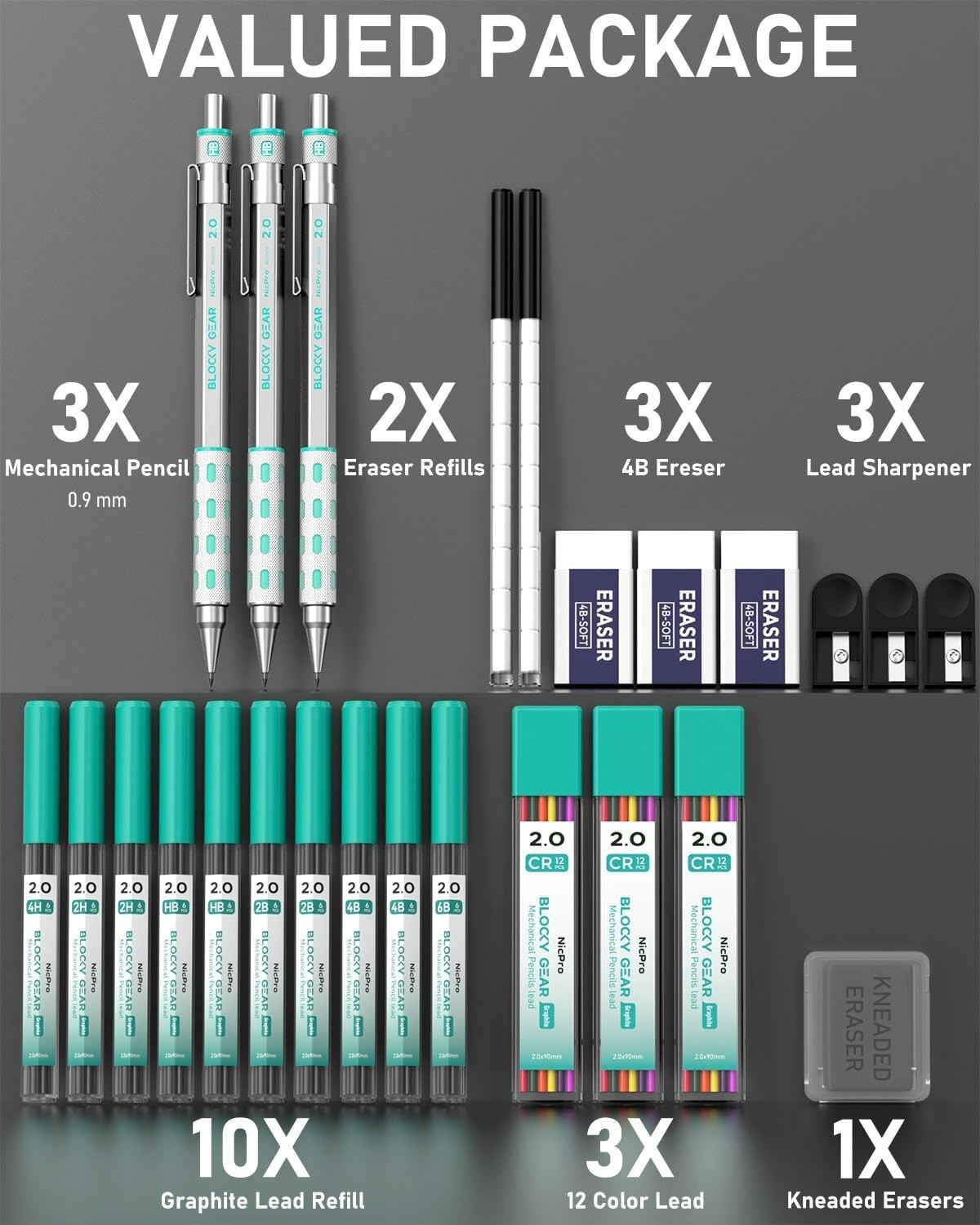 2mm Mechanical Pencils with Assorted Lead Hardness & Complete Eraser Kit