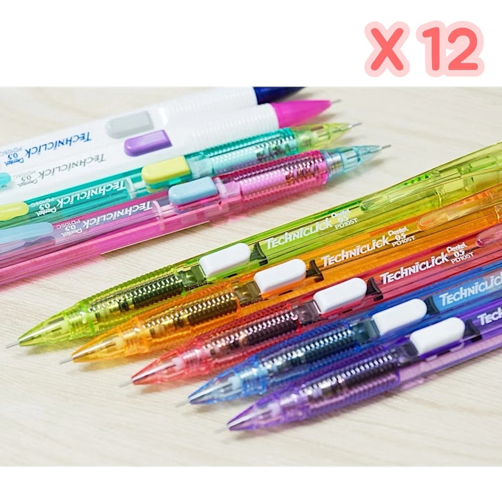Pentel Techniclick 0.5 mm Mechanical Pencil Side Click Mixed Colors Set of 12