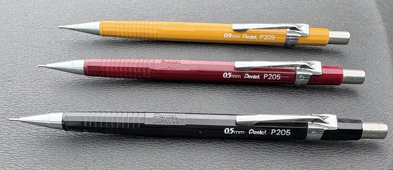 Lot of 3 Vintage Pentel Mechanical Pencils .5mm .9mm Red Black Yellow