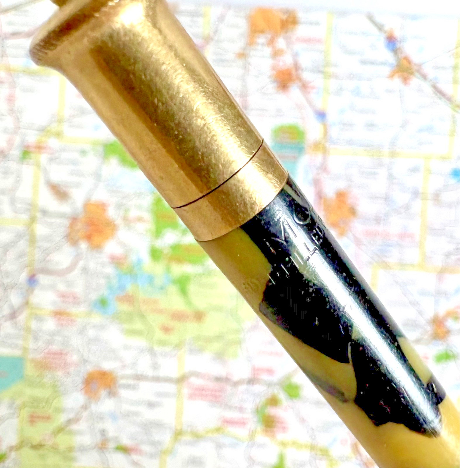 Vintage circa 1920s Moore Black and White Celluloid Pencil w/ gold-fill trim