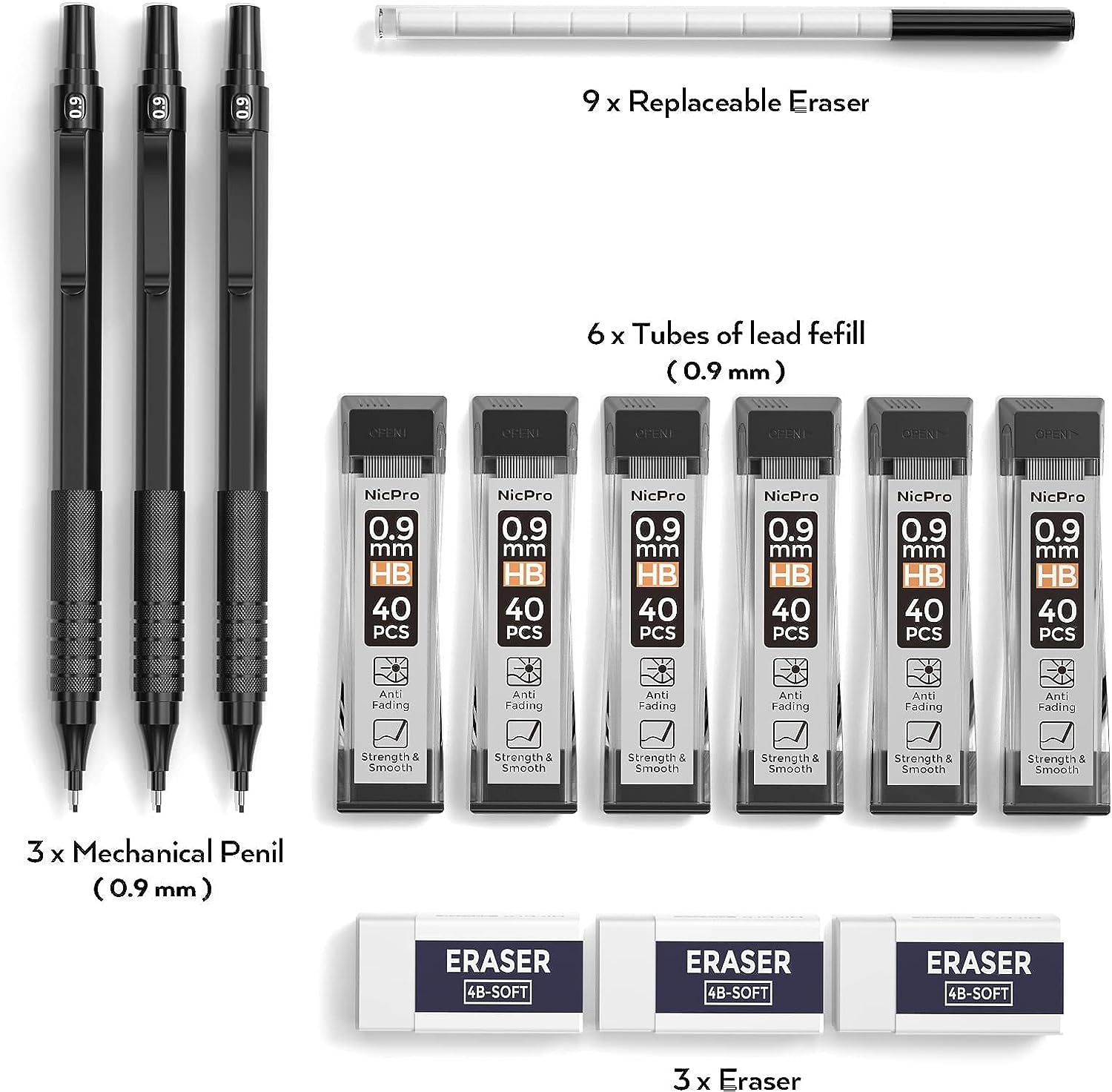 Nicpro Metal 0.9 mm Mechanical Pencils Set with Case 3PCS Black 0.9mm Drafting