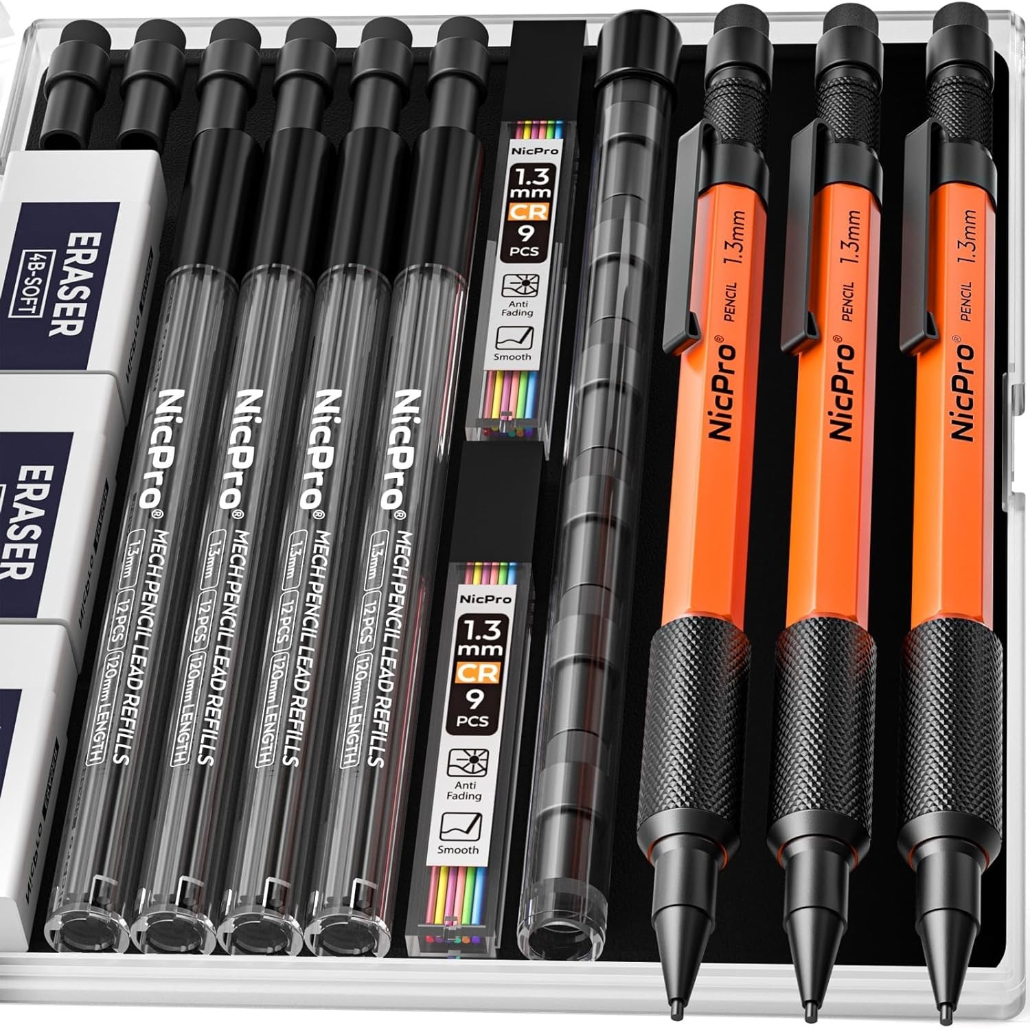 3 PCS Retractable Orange Mechanical Pencils Set with 66 Lead Refill & Erasers