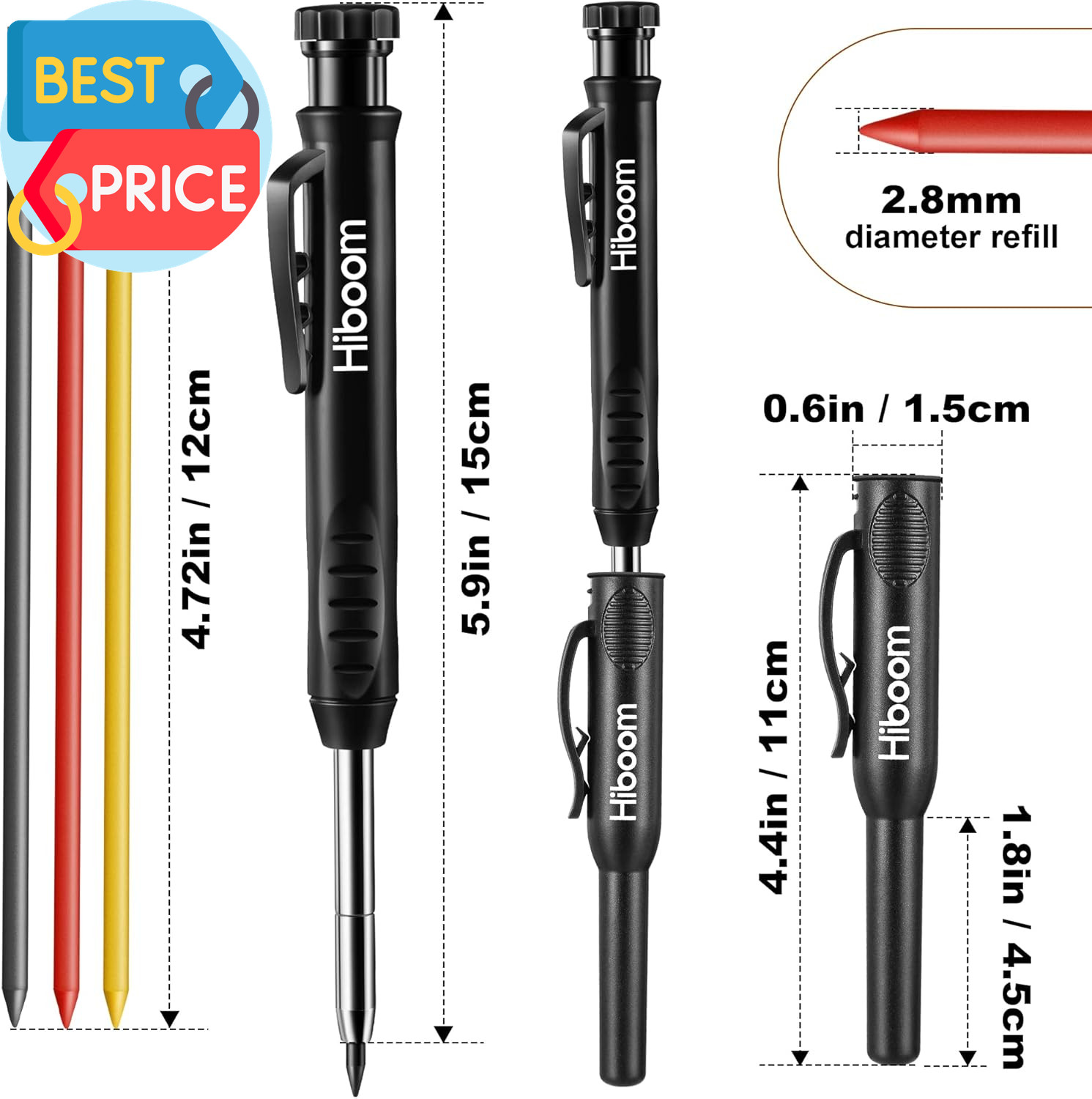 4 Pack Carpenter Pencil with 24 Refills (Red, Black, Yellow), 2.8 Mm Heavy Duty