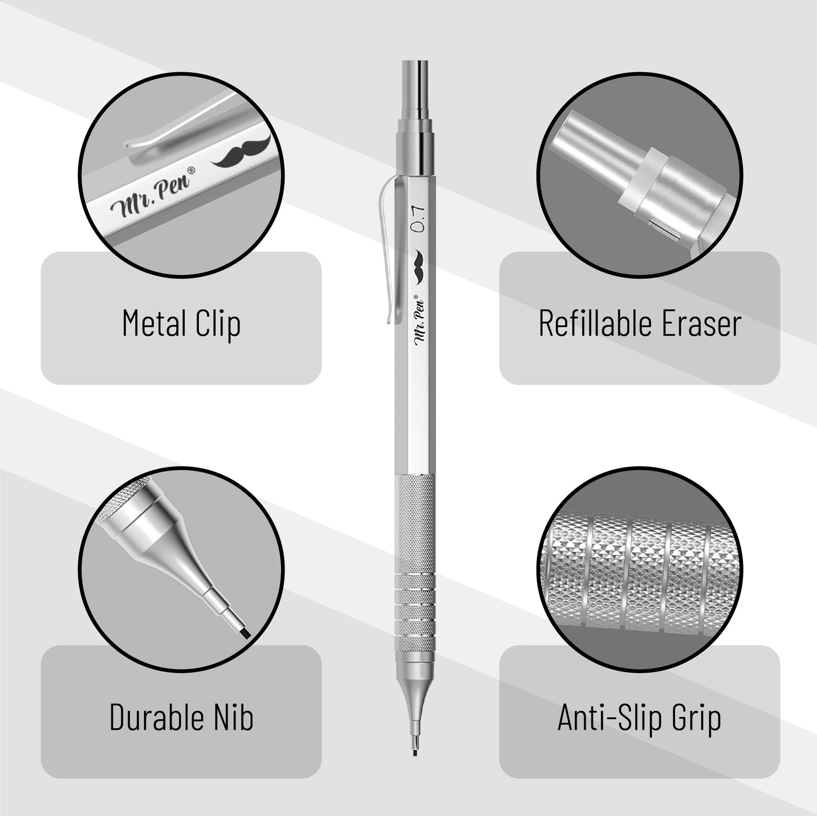 Mr. Pen Metal Mechanical Pencil Set, 2 Sizes, 0.5 & 1 Count (Pack of 1), Gray