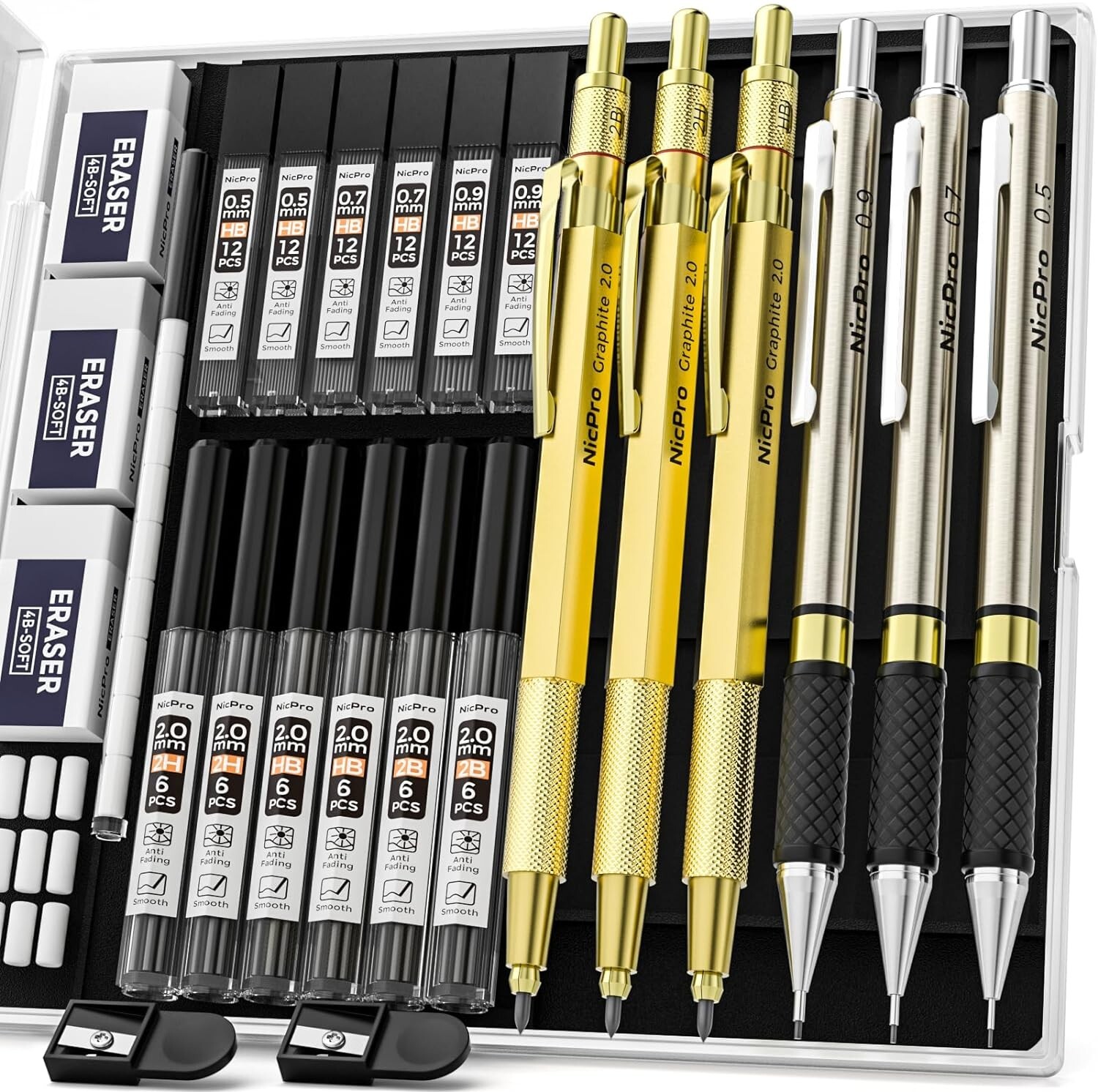 Mechanical Pencils – 27 Piece – 0.5mm, 0.7mm, 0.9mm – Lead Refills – Erasers