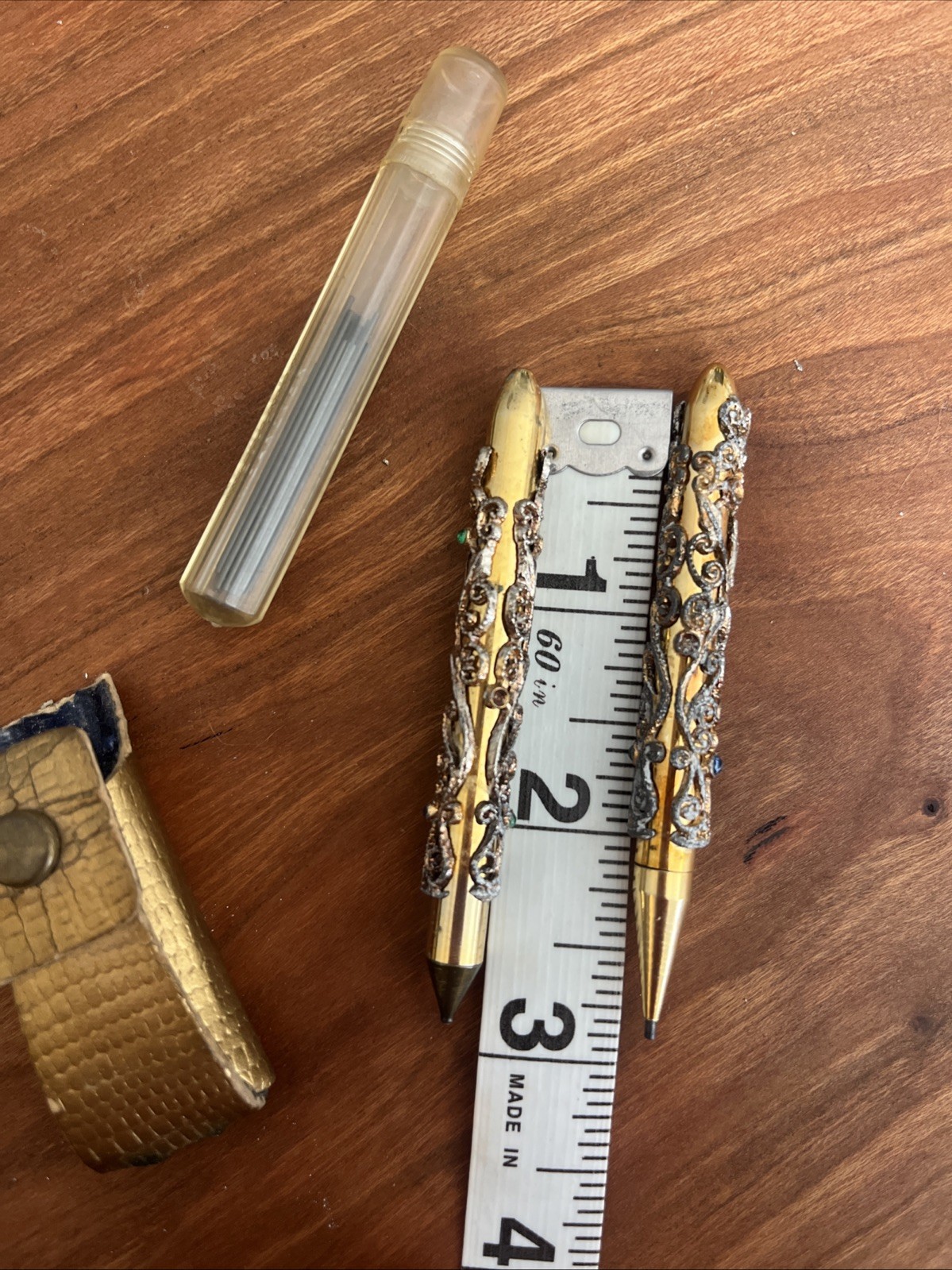 Vintage Ornate Gold Tone Mini Mechanical Pencil & Pen Set w/Gem Accents 1960s