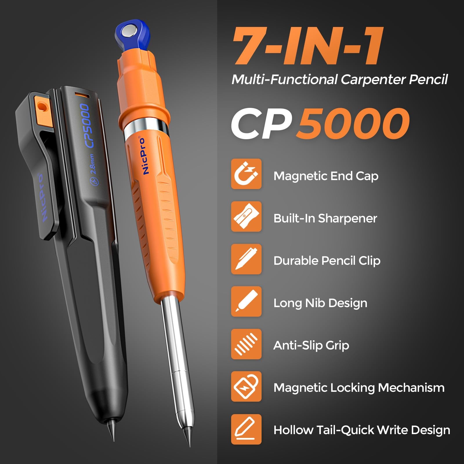 Nicpro New 7-in-1 Magnetic Carpenter 1 Count (Pack of 3), Blue & Orange