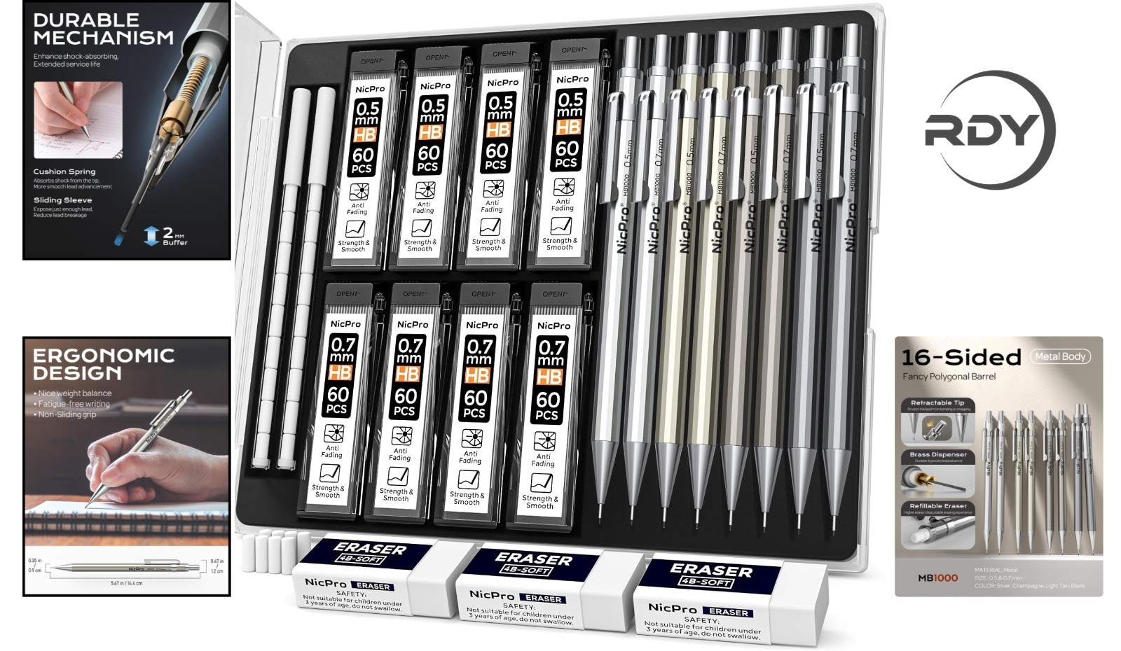 Elegant 8-Pack MB1000 Metal Mechanical Pencil Set: Ideal for Artists & Writers