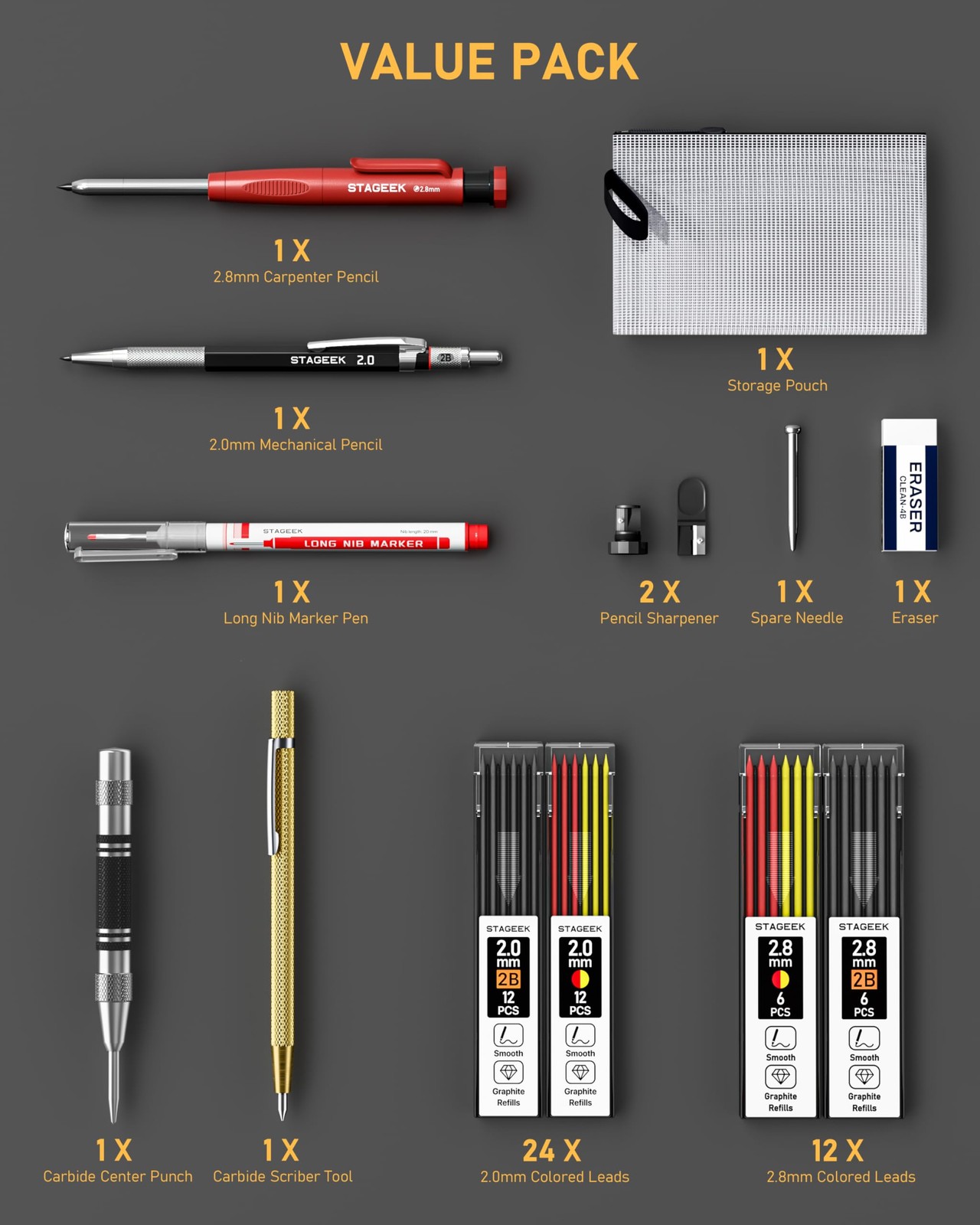 14 Pack Mechanical Carpenter Pencil Set with Sharpener 38 Red+Black(14pcs)