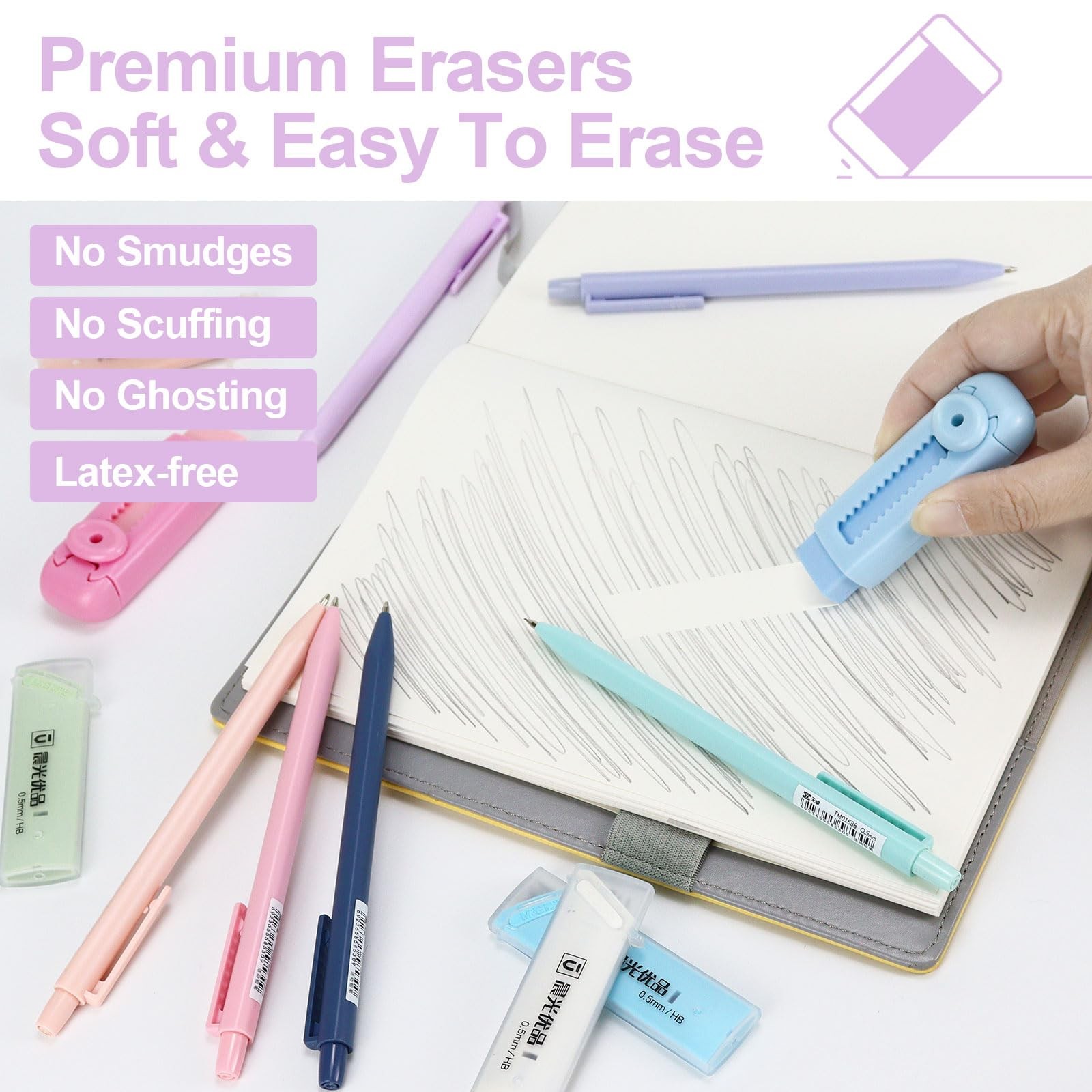 6 PCS 0.5mm Cute Pastel Mechanical Pencils Set with Lead Refills Eraser