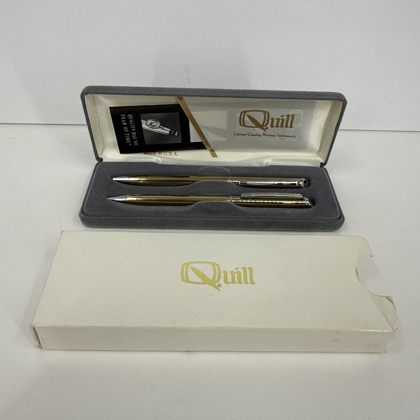 QUILL Brand Gold Tone Pen & Mechanical Pencil Set W/ Case & Slip