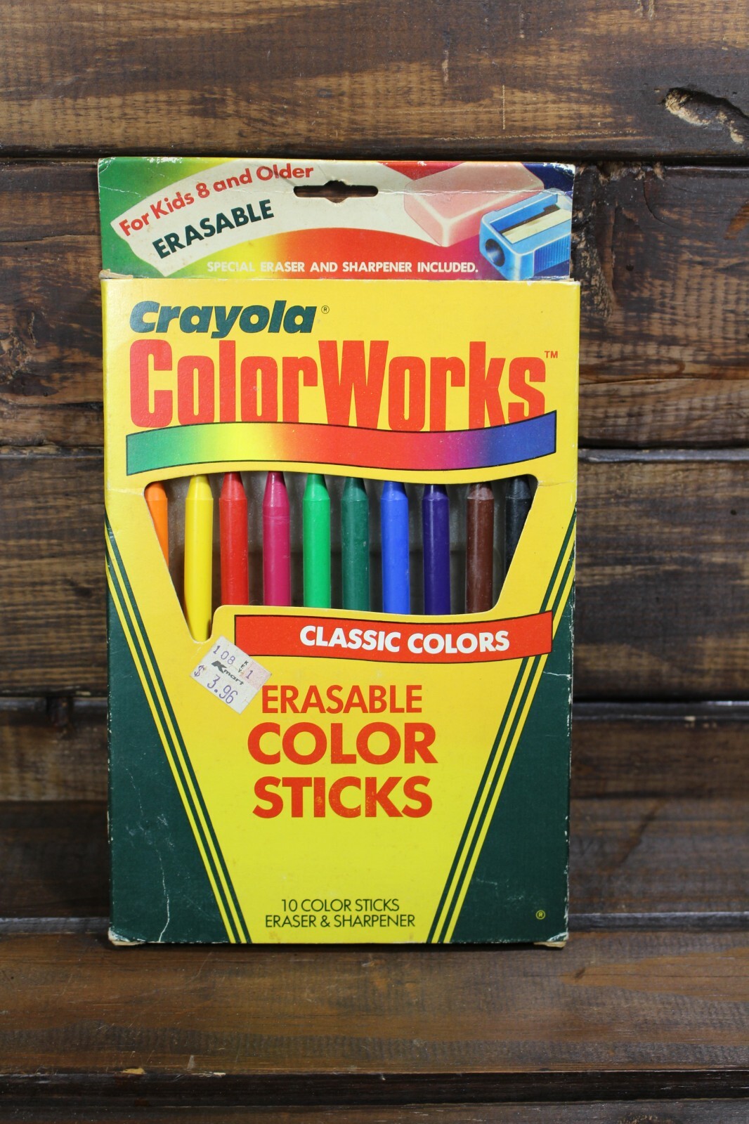 VTG 1988 Crayola ColorWorks 10 Color Erasable Crayon Sticks w/ Sharpener