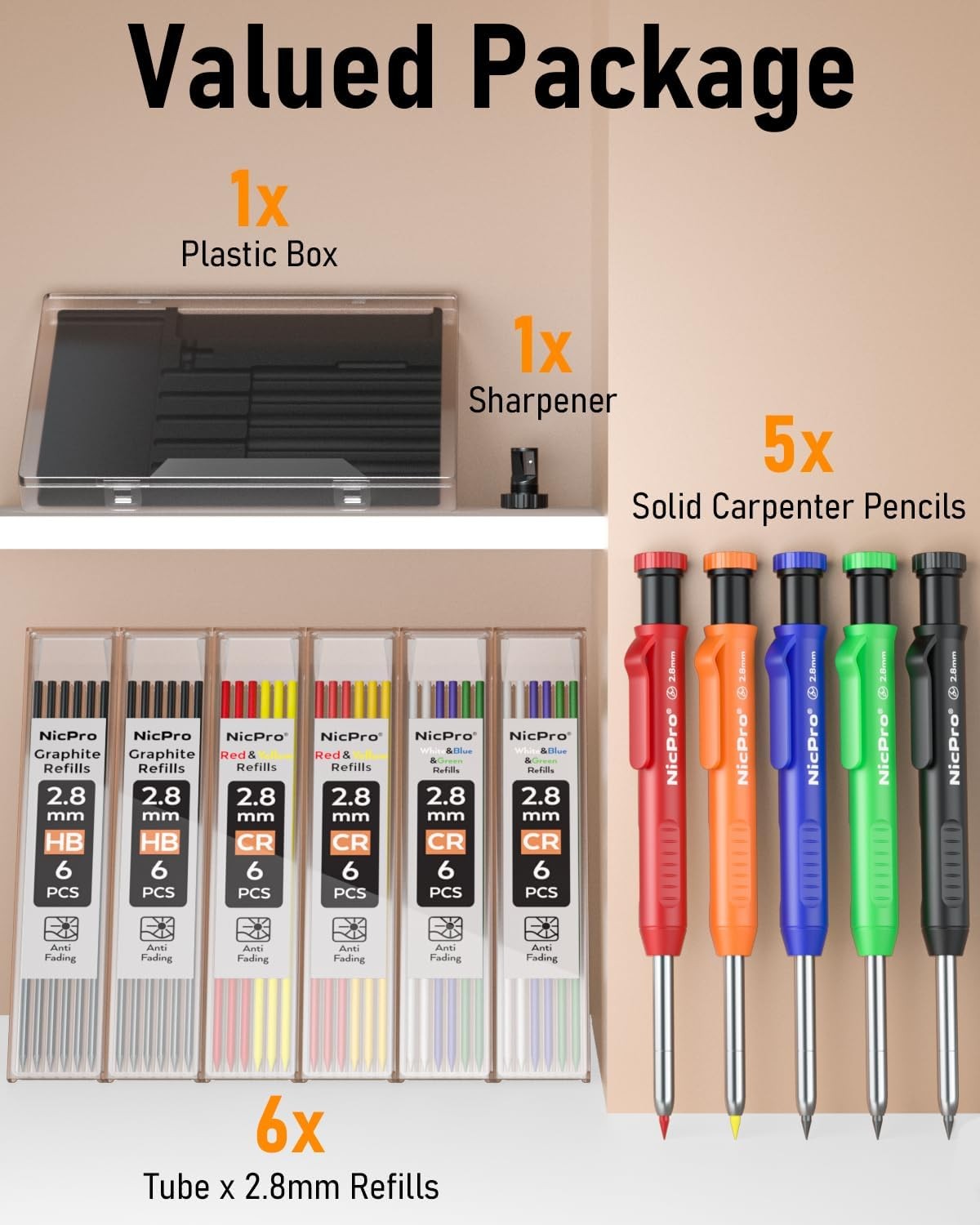 Nicpro 5 Pack Carpenter Pencil with 5 PACK, Red, Black, Yellow, Green, Blue
