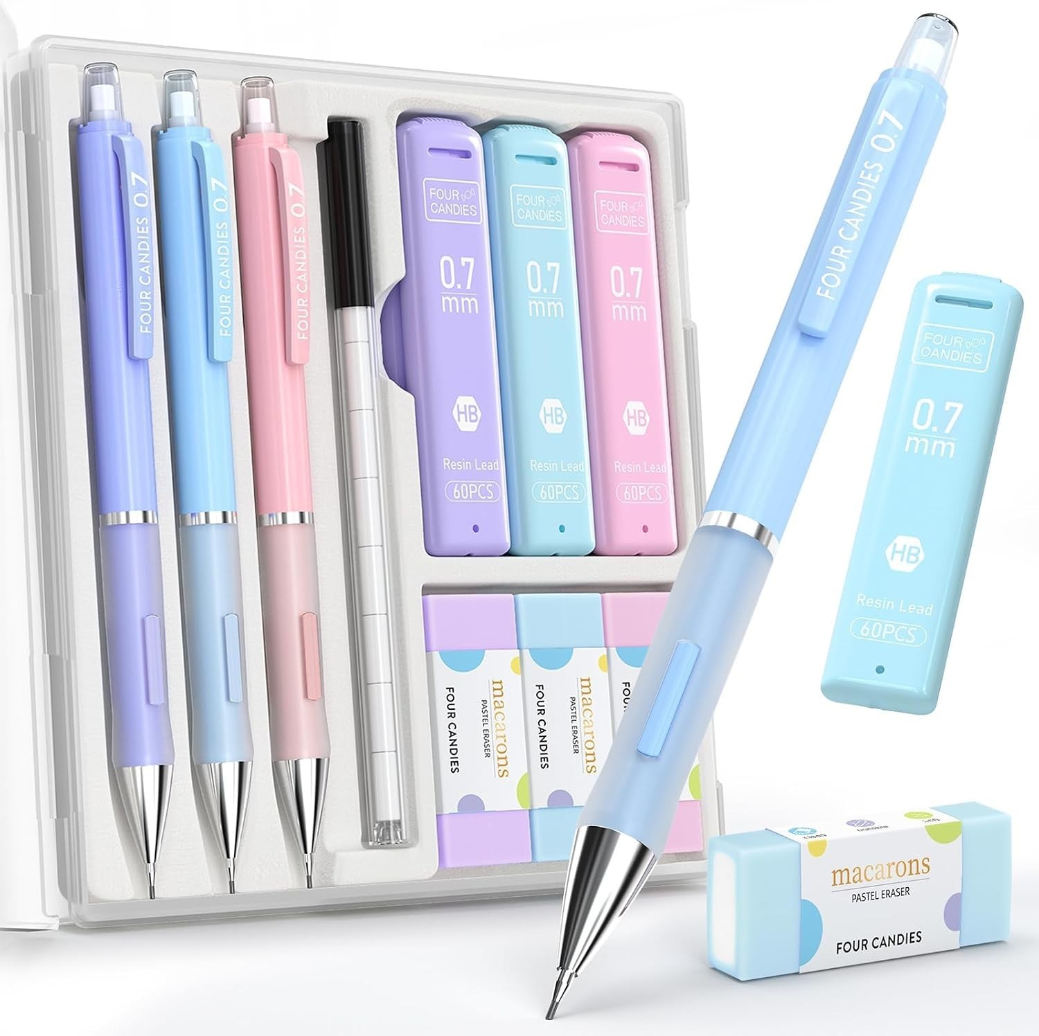 Pastel Mechanical Pencil Set: 3-Pack with Erasers & 9 Refills for Easy Writing