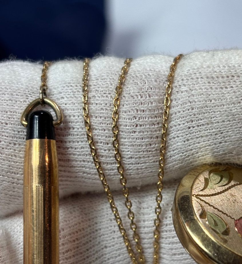 Vtg Cross Mini 10kt GF Pencil On Ballou & Bass Retractable Chain Brooch