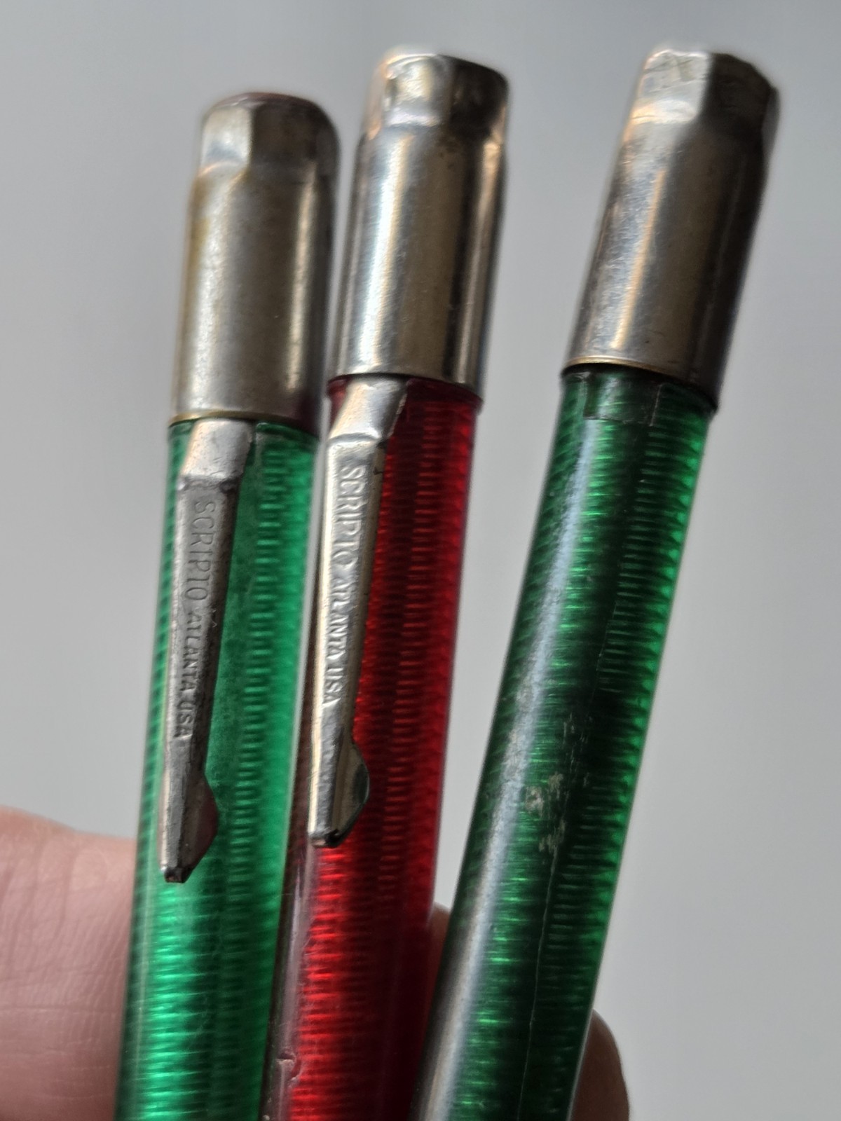 Vintage Scripto Red & Green Translucent Twist Mini 4″ Mechanical Pencil Lot Of 3