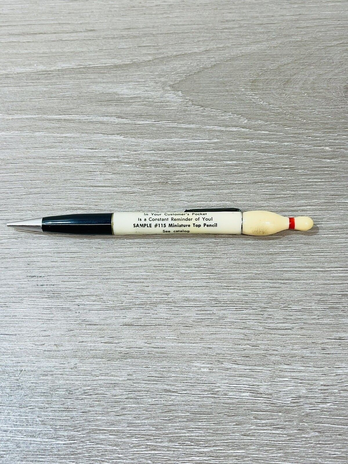 Vintage Ritepoint Mechanical Pencil Sample #115 Bowling Pin Display Top USA Blk