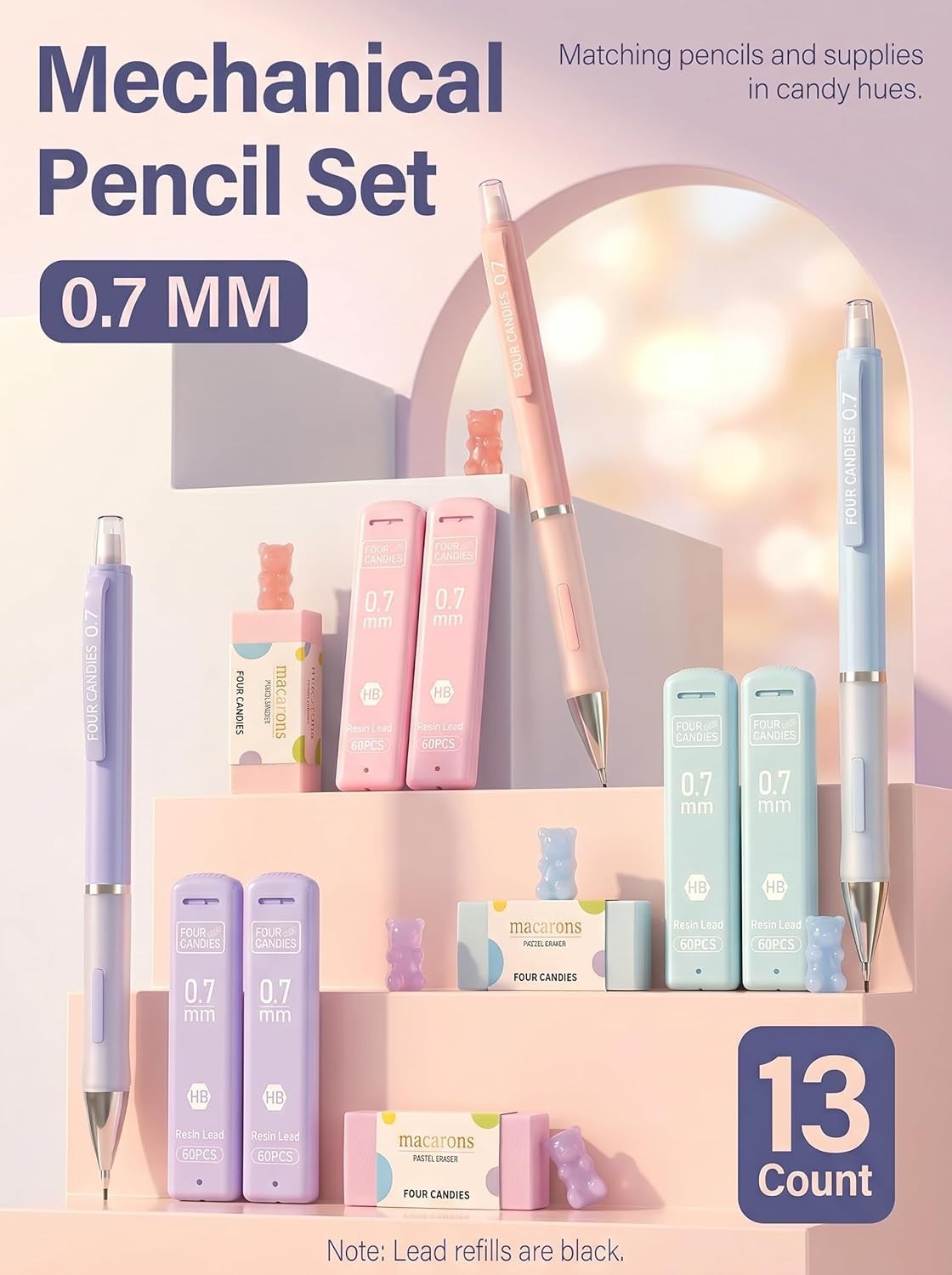 Pastel Mechanical Pencil Set: 3-Pack with Erasers & 9 Refills for Easy Writing