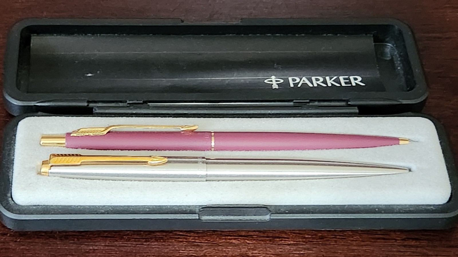 Parker Pen + Pencil Set Classic Maroon & Gold Pencil , Silver Pen With Case