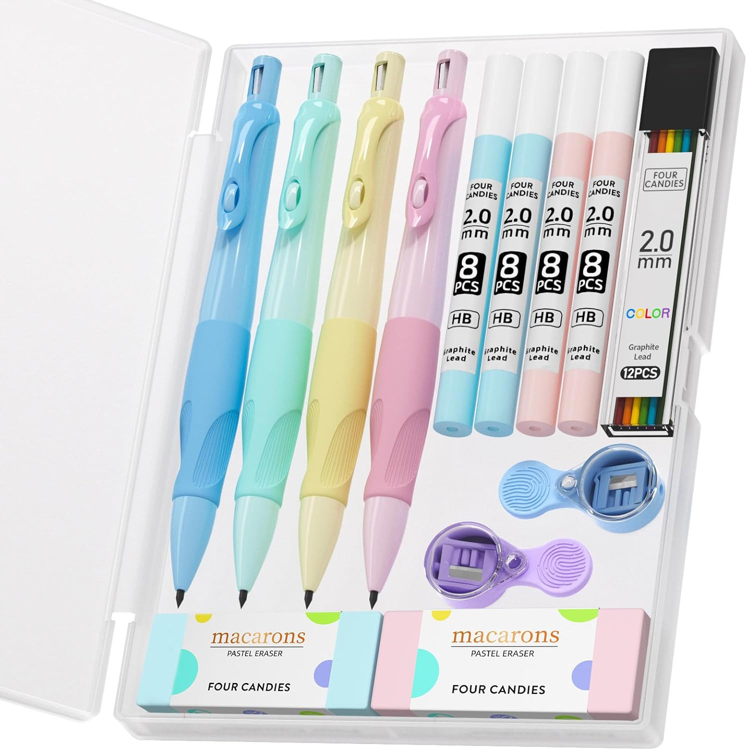 Cute 4-Pack 2.0MM Mechanical Pencils with Lead Refills, Erasers & Sharpeners