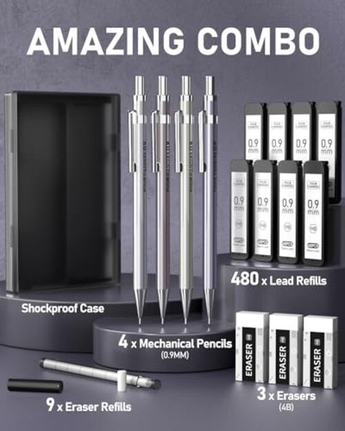 0.9mm Metal Mechanical Pencil Set with Case – 4PCS Fancy Mechanical 0.9MM
