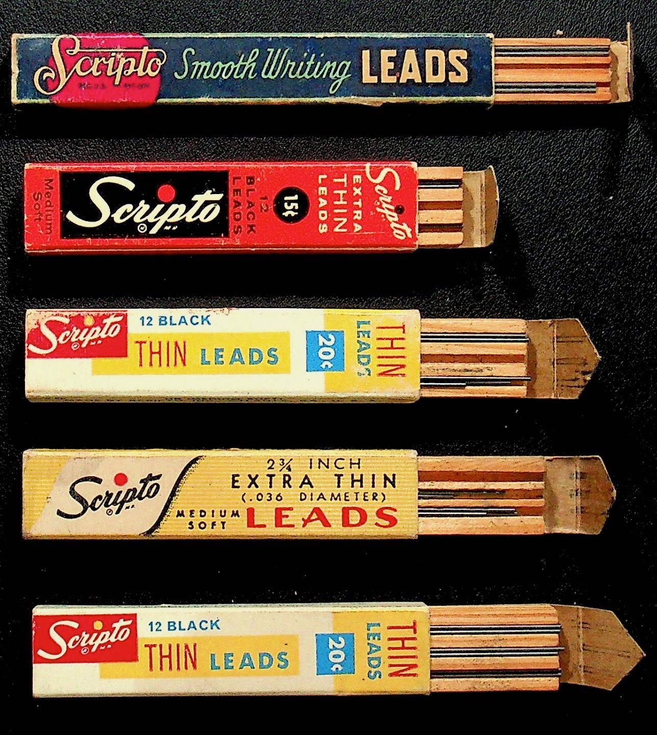 Lot Of 5 Vintage Scripto Pencil Leads Partially Filled Boxes – A18-4