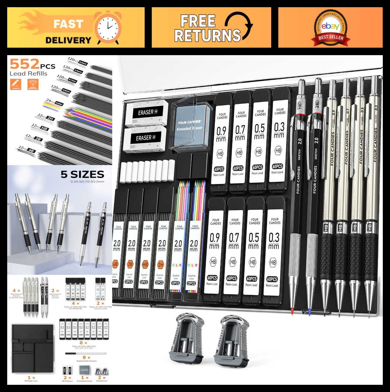 27PCS Mechanical Pencil Set with Case, 0.3-0.9mm Pencils & 552 Lead Refills, Art