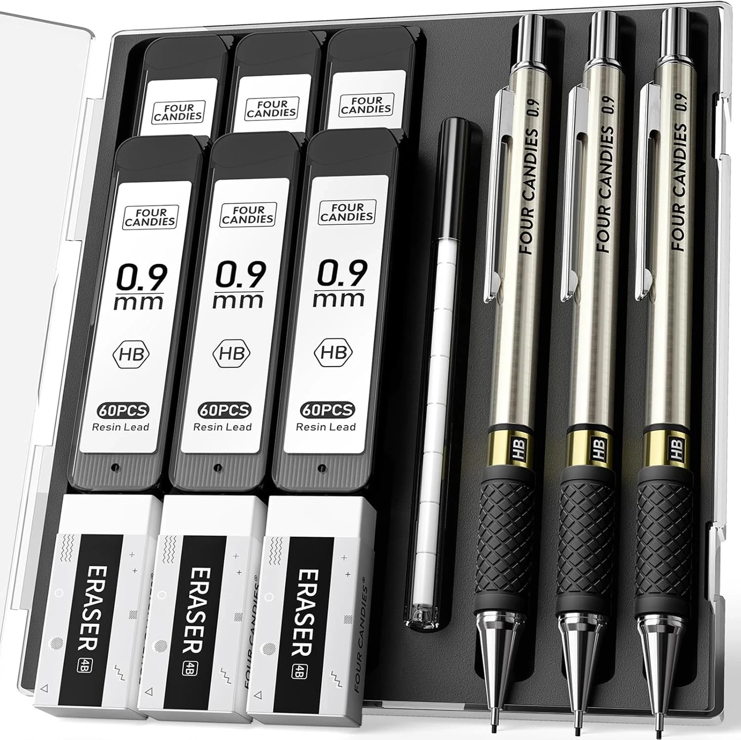 Metal Mechanical Pencil Set – 3PCS 0.9Mm Art Mechanical Pencils & 360PCS HB Lead
