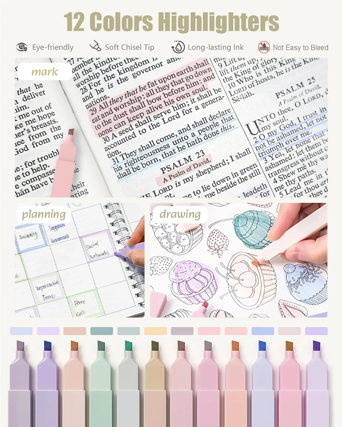 Four Candies 39 PCS Aesthetic Supplies with Cute Pen Case, 12 Pastel Highlighter