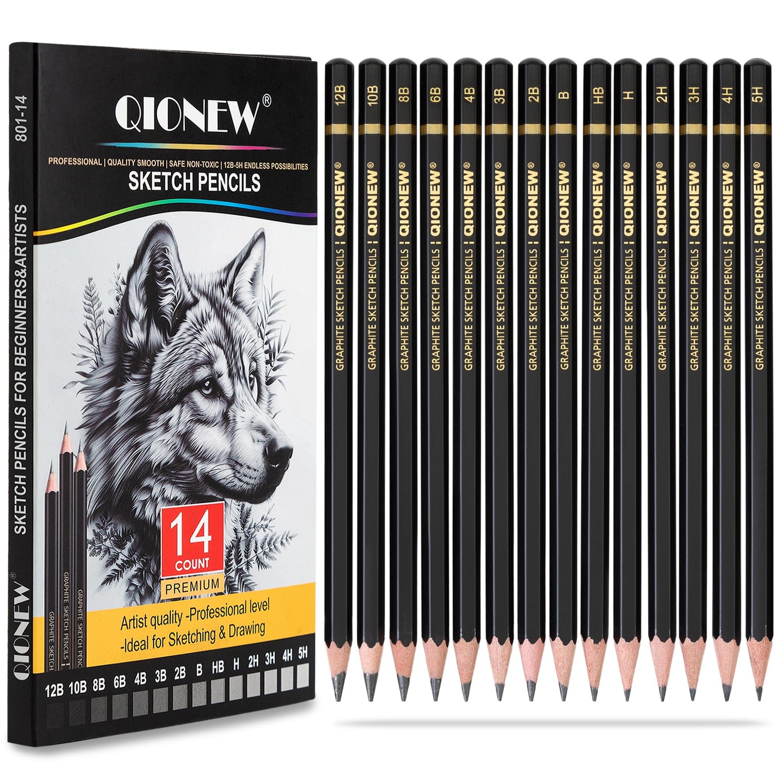 Qionew Professional Sketching Pencil for Drawing,14 Pack, Graphite Black