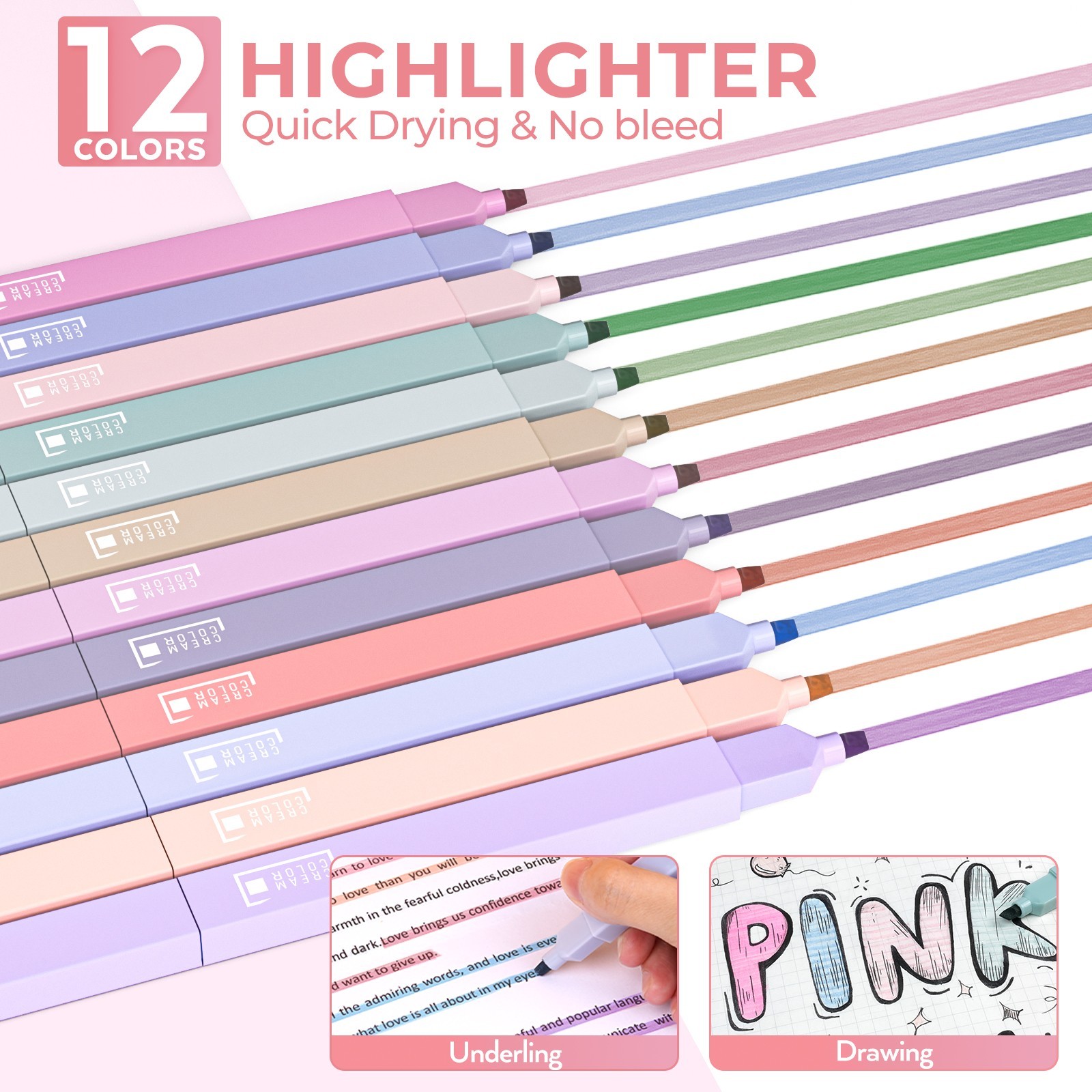 Nicpro 39PCS Pink Pencil Case Set: 12 Highlighters, 5 Black Pens, 6 Pencils