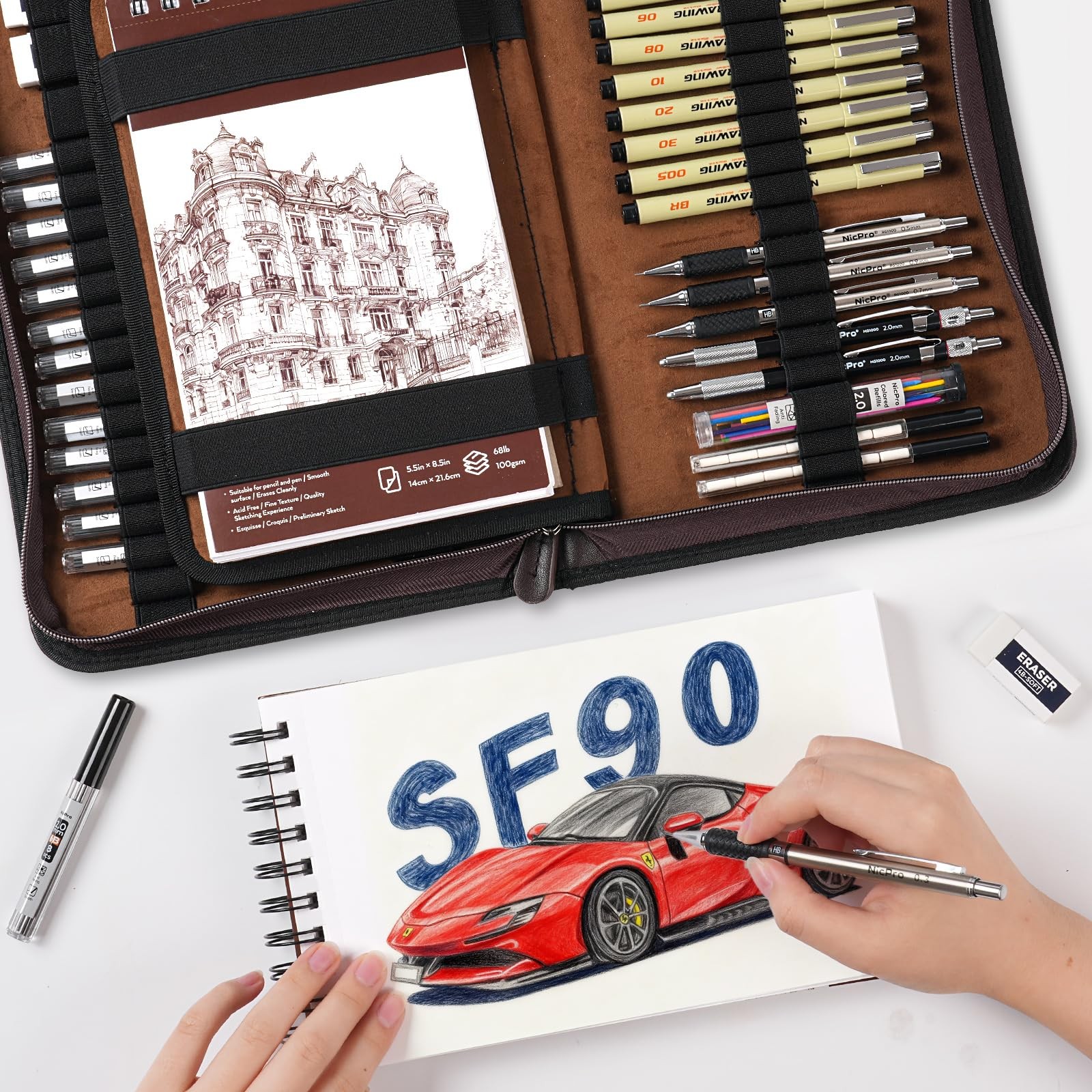 Nicpro 58 PCS Art Drawing 0.3mm 0.5mm 0.7mm 0.9mm 2.0mm, Black+Cowhide