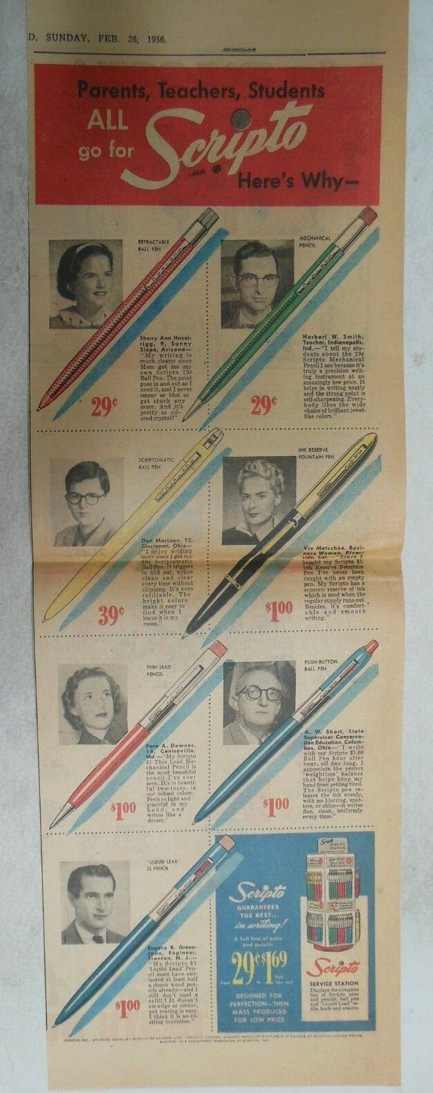 Scripto Pens & Pencils Ad: Parents,Teachers,Students! 1950’s 7.5 x 22 inches