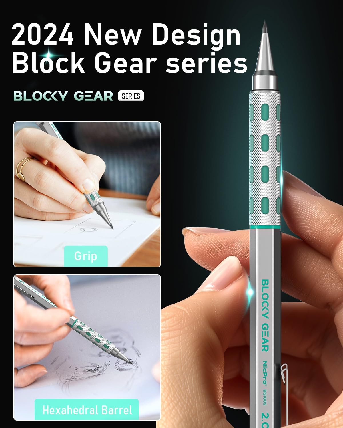 Nicpro Blocky Gear 2.0 mm Mechanical Pencils Set in Case, Metal mm, Black