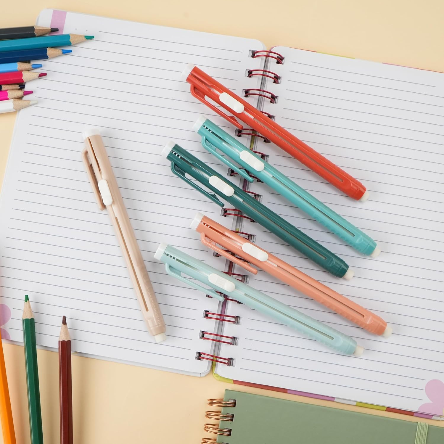 – Retractable Mechanical Eraser Pens, 6 Pack, Coral Colors | Latex-Free Precisio