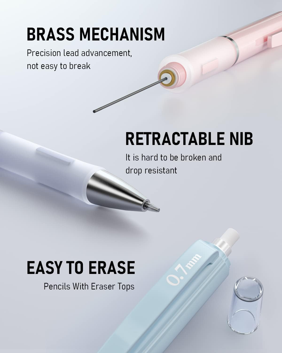 Nicpro 3PCS Cute Mechanical Pencil Set with Case, 0.7 Mm Pencils with 6 Tube HB