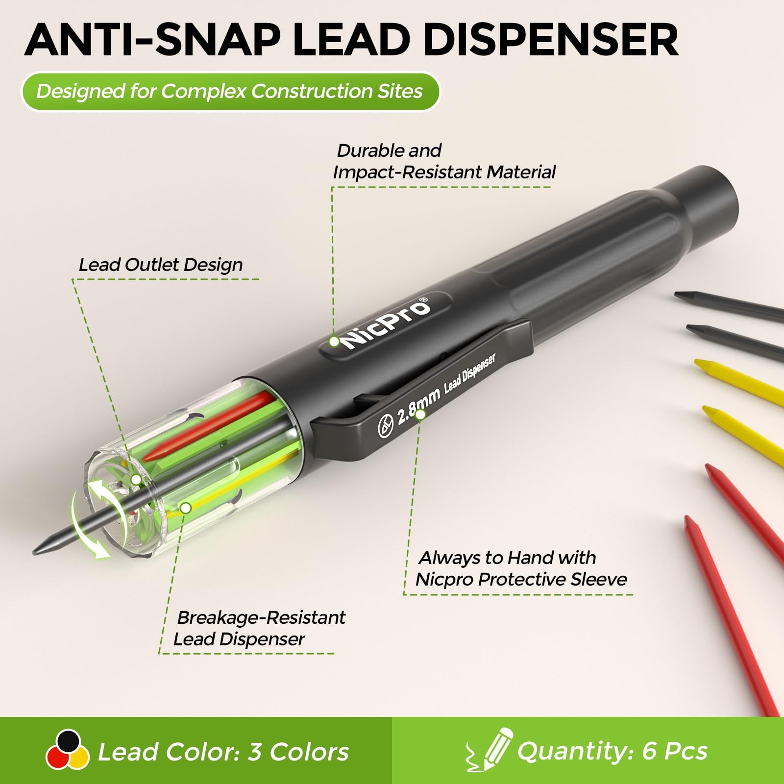 Nicpro Carpenter Pencil with Sharpener, CP3000 1 Count (Pack of 5), Black
