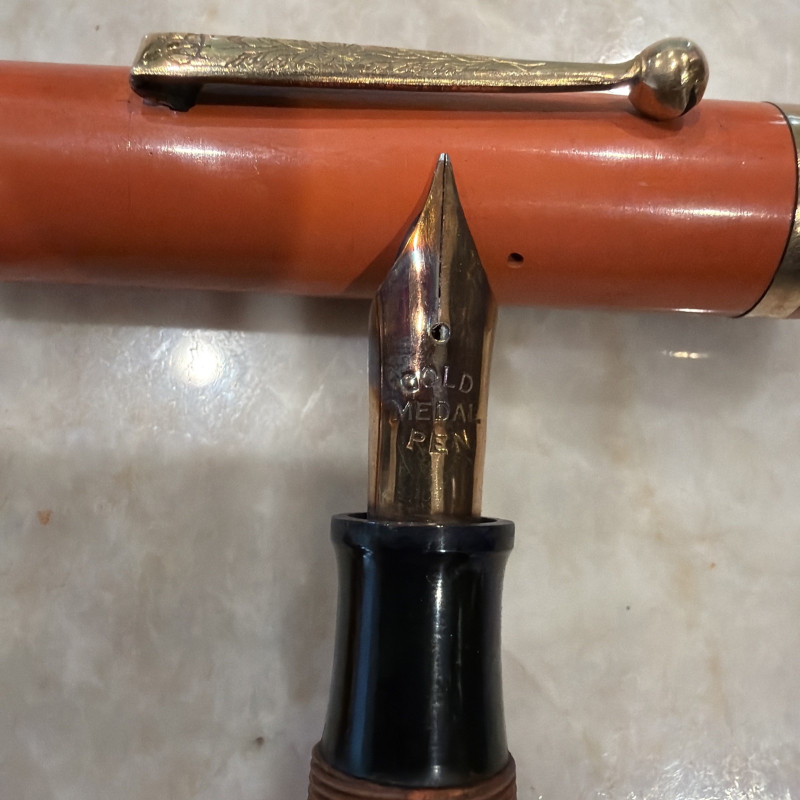 Gold Medal Vintage Red Orange Hard Rubber Pencil And Oversized Fountain Pen Set