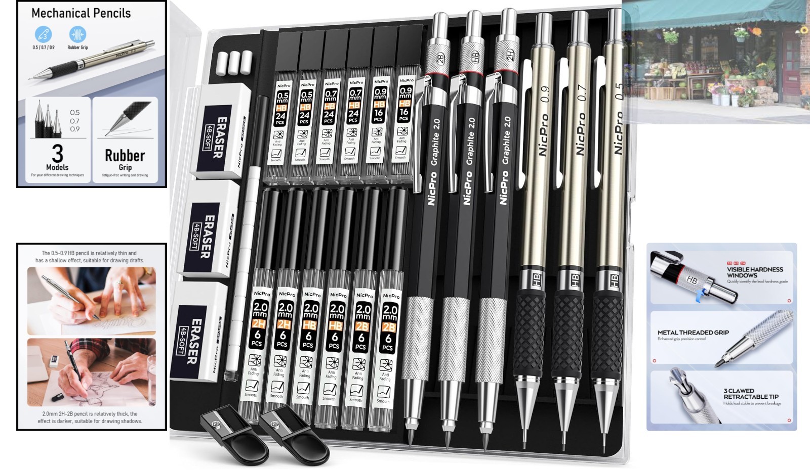 Ergonomic 6PCS Drafting Pencil Set with 4 Lead Sizes for Artists and Engineers