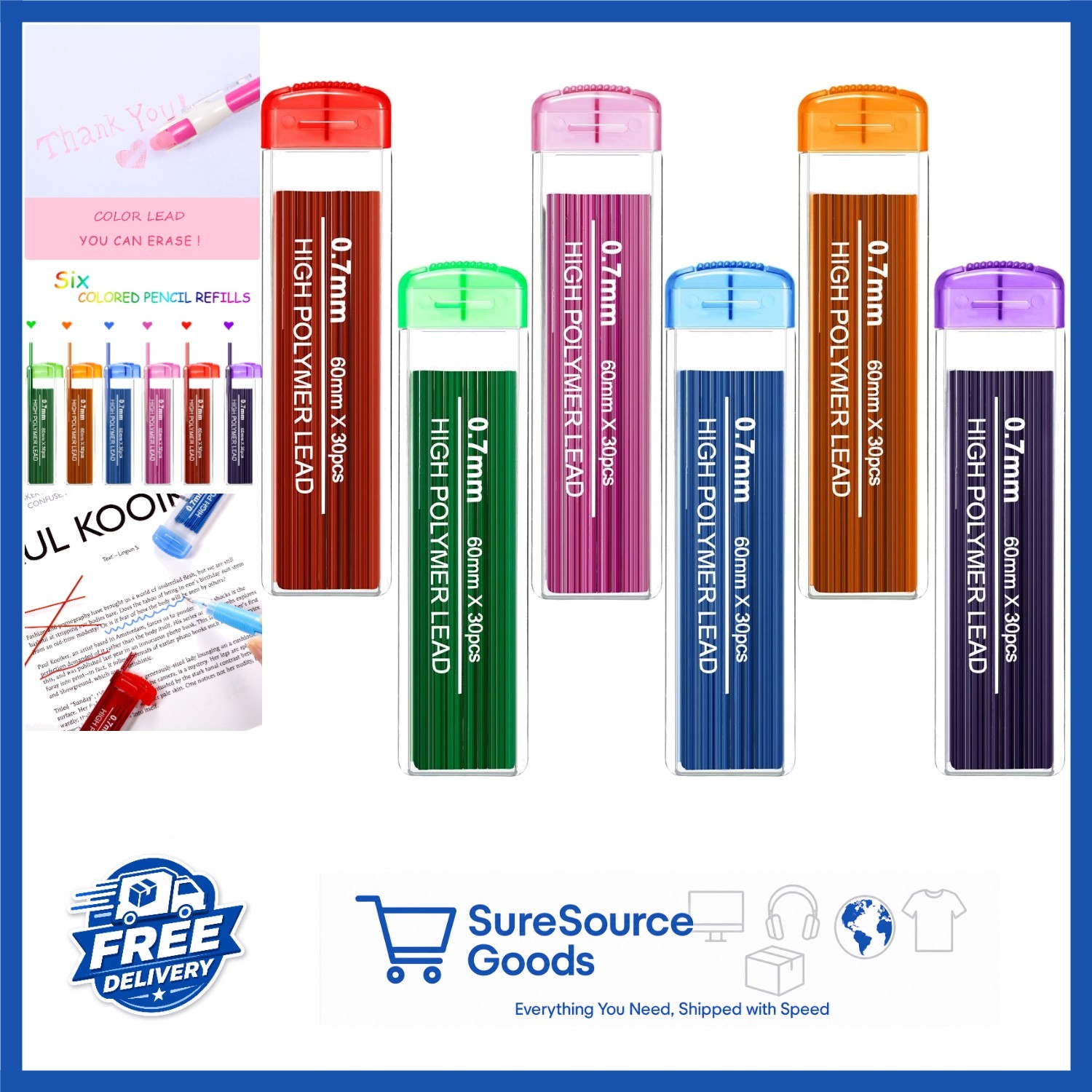 Mechanical Pencil Lead Refills 0.7 mm Hb 180 Count in Red, Green, Blue, Purple