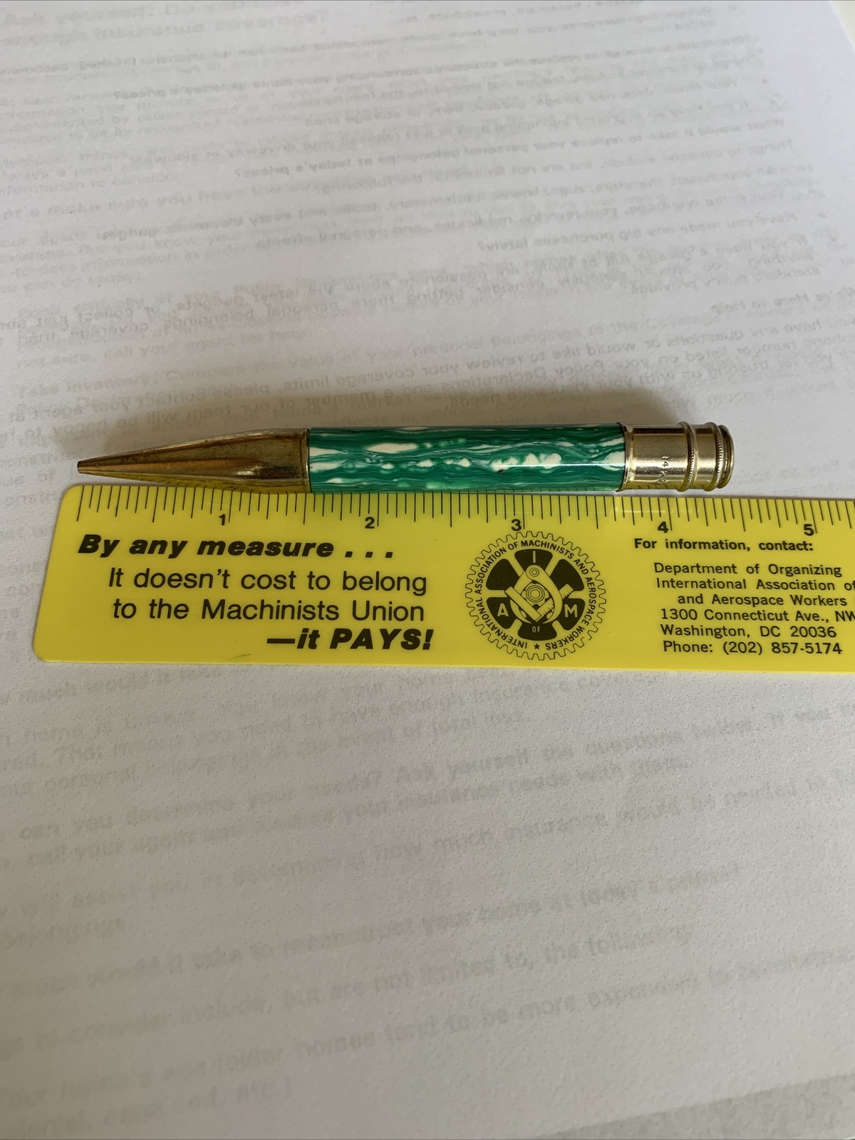 Ambassador Mechanical Pencil 14K Gold Plated Top Swirly Green/White With Lead