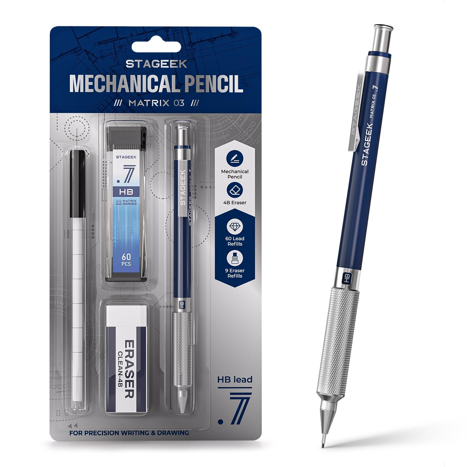 STAGEEK 0.7 mm Mechanical Pencil, Metal Art & 1 Count (Pack of 1), Blue