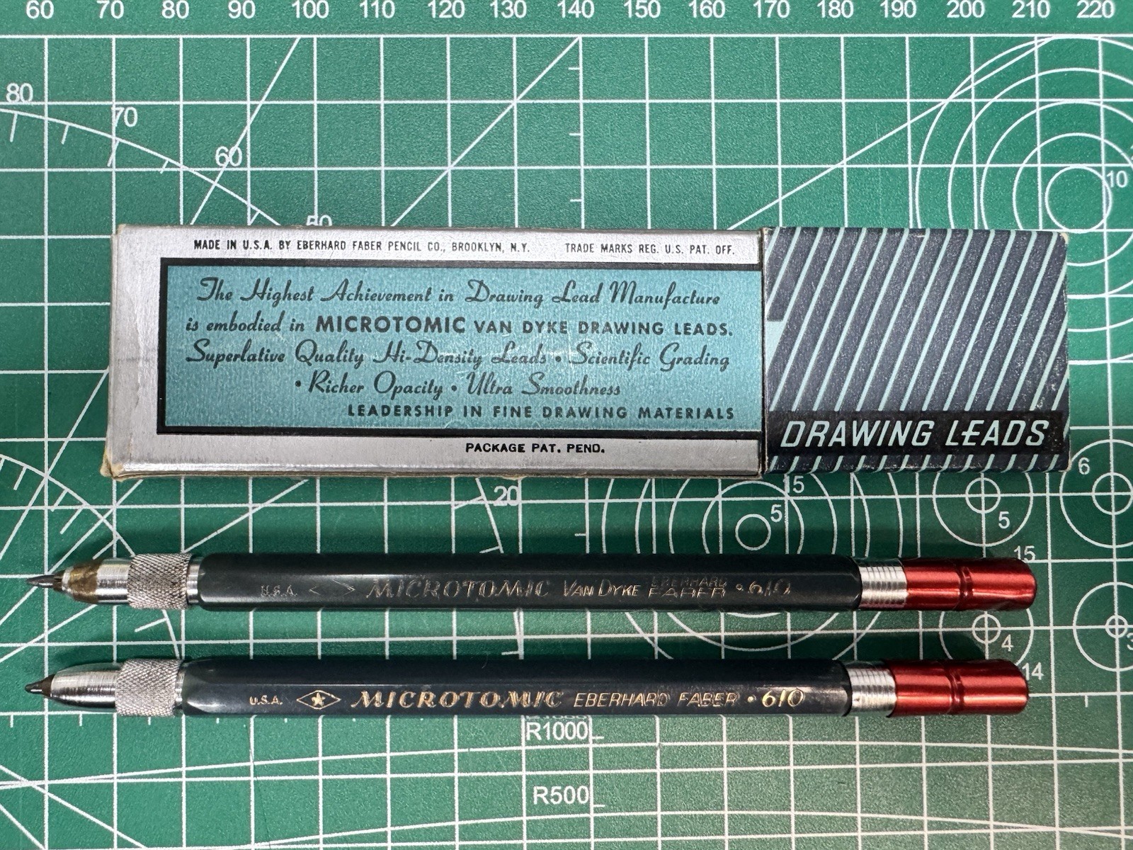 2 Eberhard Faber Microtomic Green Lead Holders with Van Dyke & Boxed 4H Leads