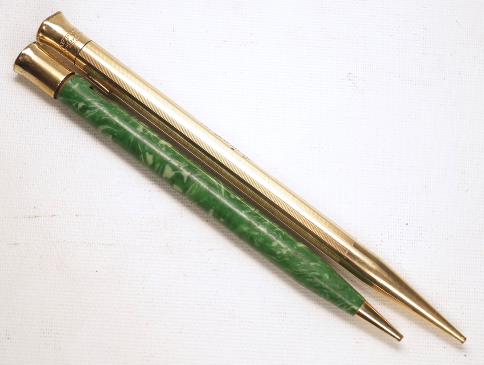 Sheaffer 1920s Crown Top Pencils, Lot of 2, Jade Green, Gold Filled For Parts