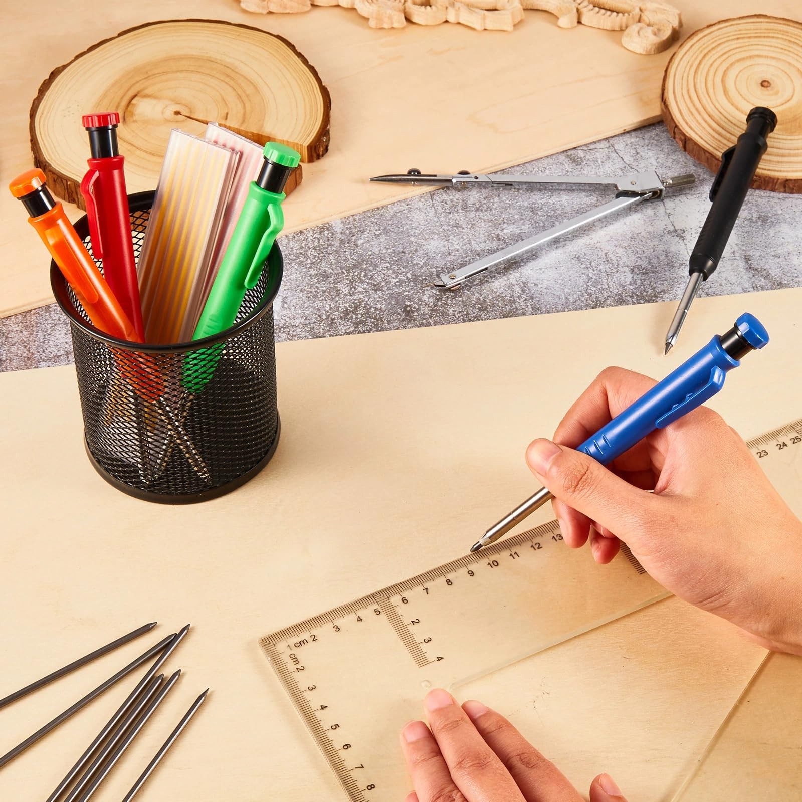 10 Pcs Solid Carpenter Pencils with 60 2.8mm Refills Deep Hole Marker
