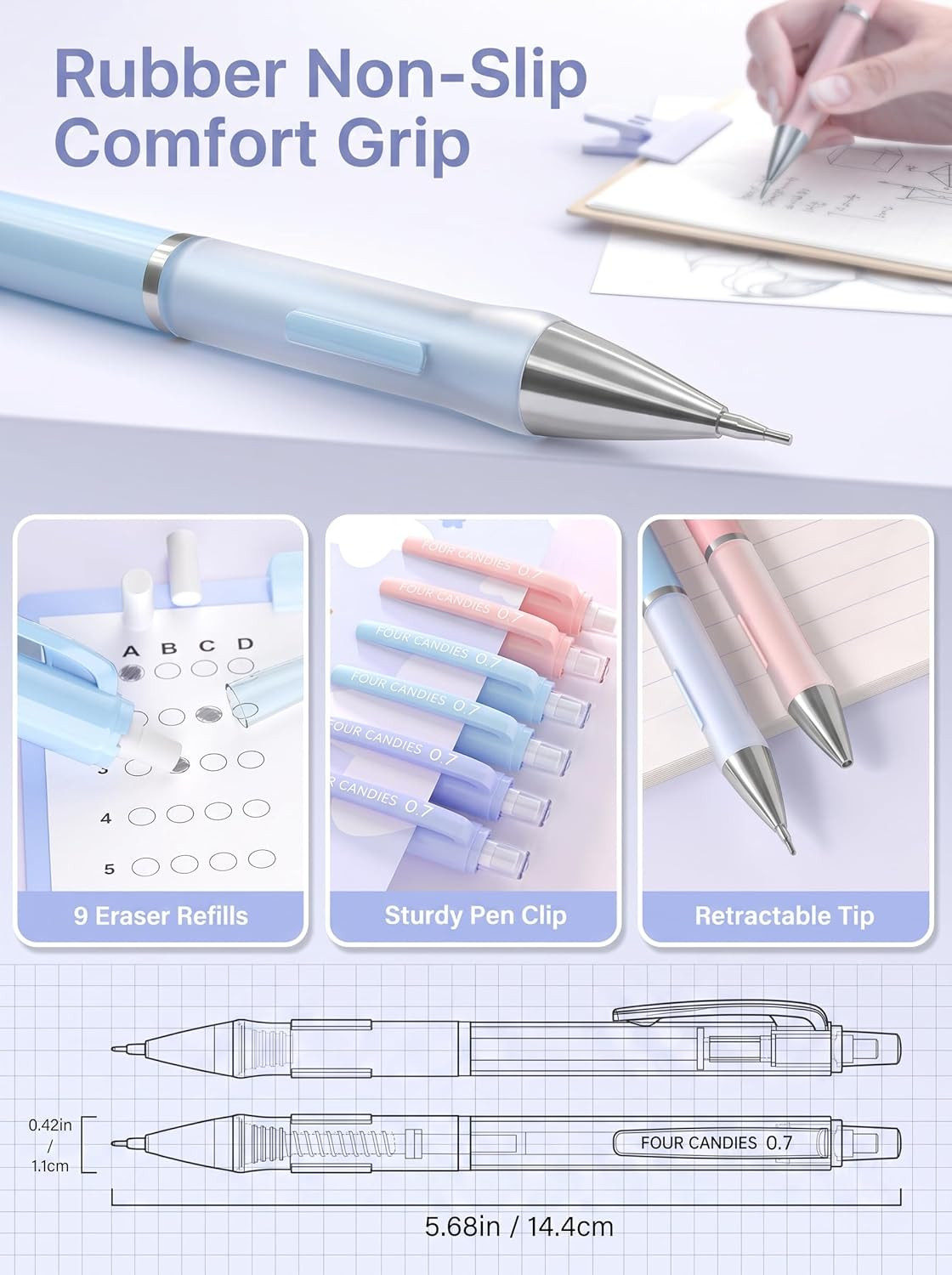 3PCS Cute Mechanical Pencils Set, 0.9Mm with 360PCS Thick Leads, Pastel Erasers