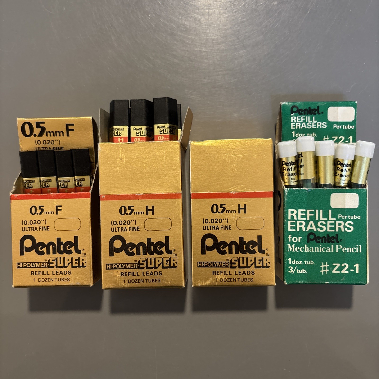 Pentel Lot Mechanical Pencil Refill Tubes – .5mm Lead 4x F + 19x H + 10x Erasers