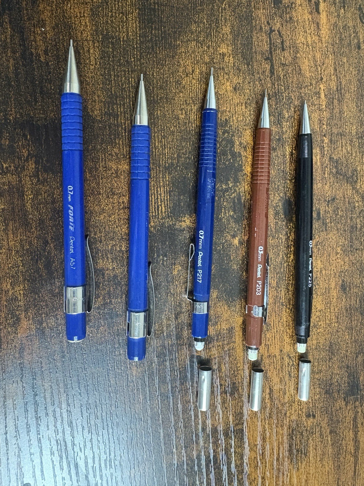 Vtg Pentel Mechanical Pencil Lot P225 0.5mm, P203 0.3mm, P217 & A57 Forte 0.7mm