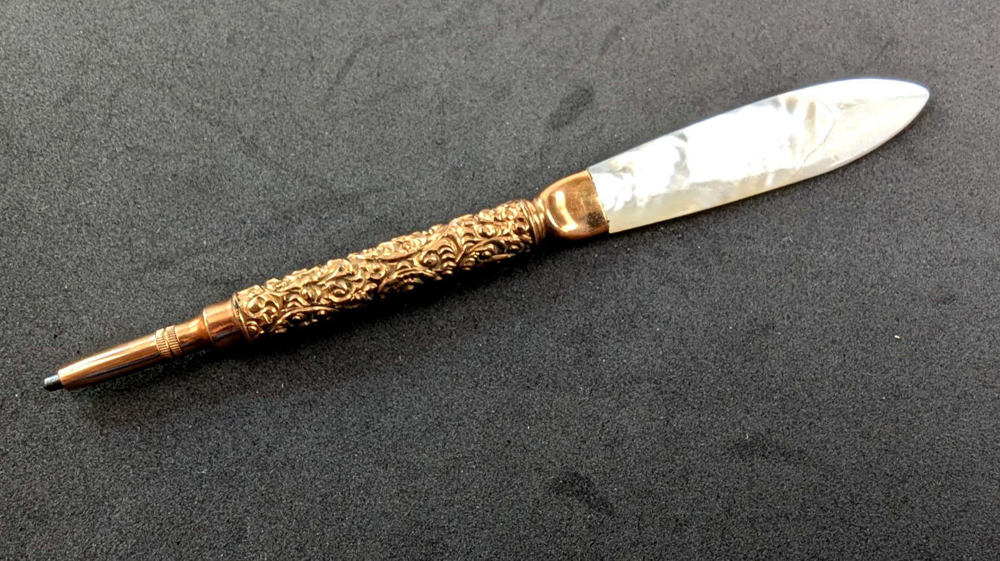 Victorian Rose Gold & MOP Ornate Mechanical Pencil Kaiser Wm der Grosse Works!